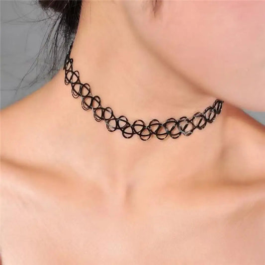 Gothic Black Choker Necklace - Vintage Braided Elastic Choker for Women