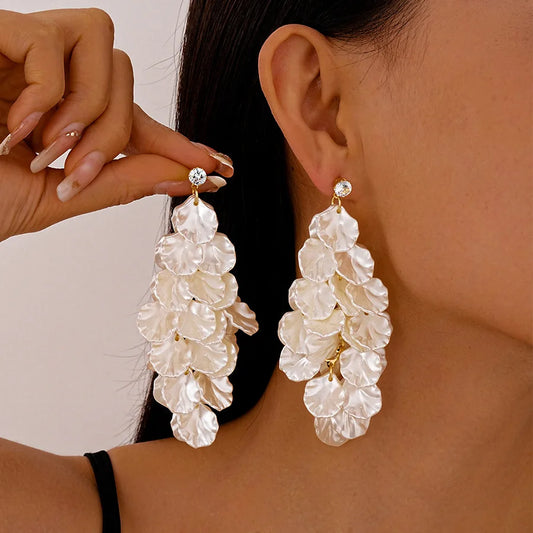 French Petal Tassel Earrings - Shell Shaped Zircon Dangle Earrings for Women