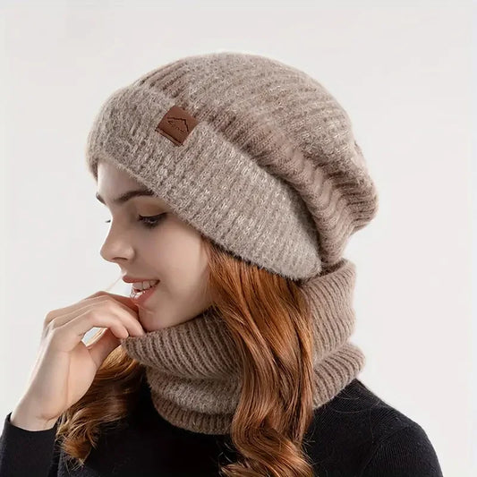Two-Tone Winter Beanie with Velvet Neck Warmer - Warm Knit Hat Set with Ear Flaps