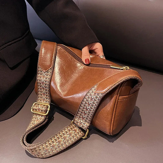 Vintage PU Leather Boston Bag - Small Designer Crossbody Handbag for Women