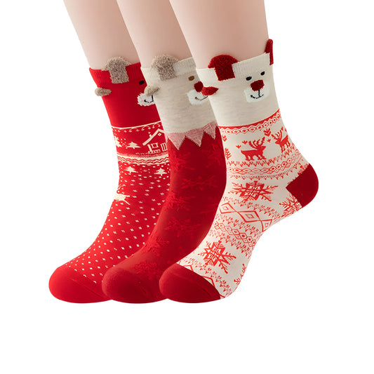 3 Pairs Cute Reindeer Socks – 3D Christmas Cotton Socks for Women | Cozy Holiday Gift