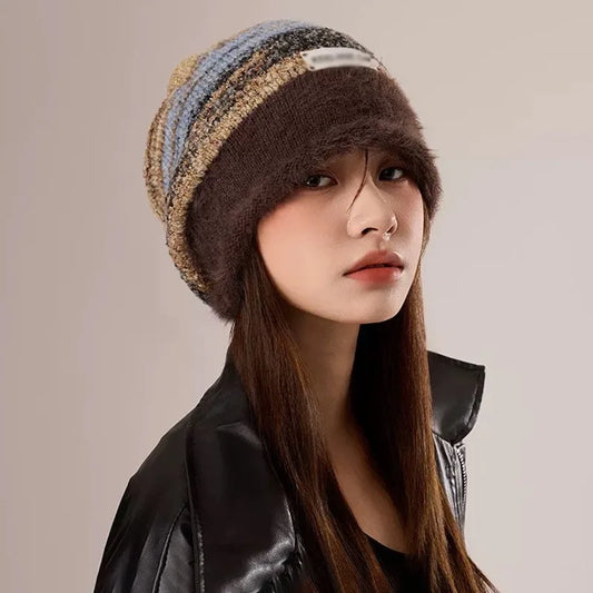 Fuzzy Warm Beanie – Retro Knitted Women's Hat with Ear Protection