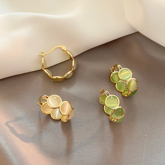 2025 New Design Sense White and Green Opals Round Hoop Earrings for Women‘s Korean Fashion Jewelry Luxury Shiny Accessories