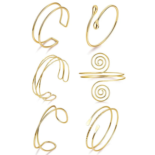 Boho Arm Cuff Bracelets Set - 6 PCS Gold Upper Arm Bangles for Women